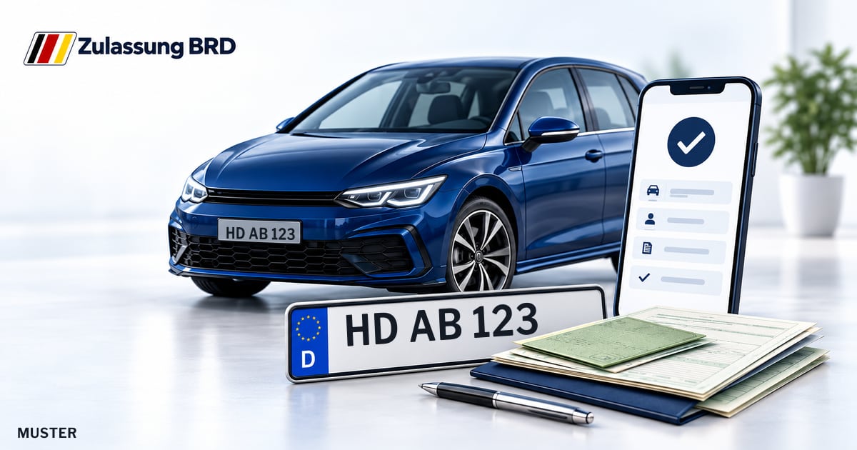 Online Fahrzeugzulassung in Ladenburg: Musterkennzeichen HD AB 123, Auto und Fahrzeugpapiere und Smartphone. Illustration mit Logo von Zulassung BRD.